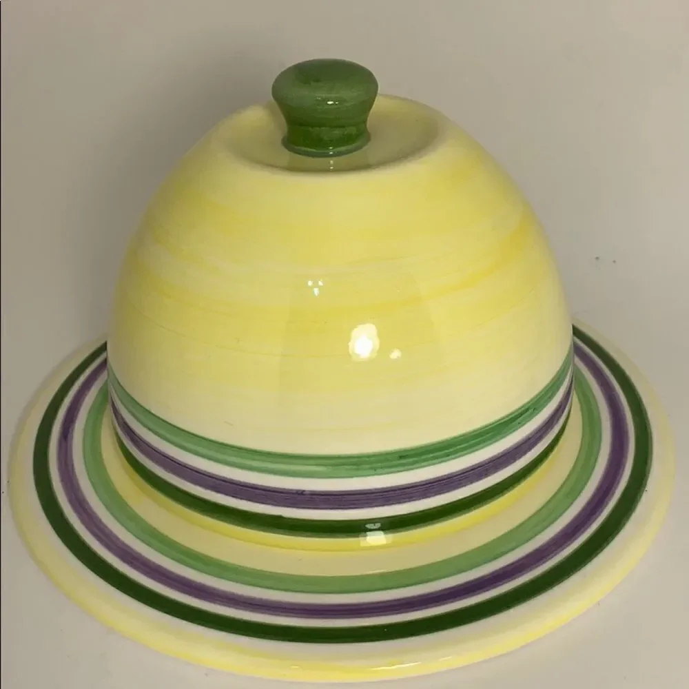 Porcelain Ceramic Cheese Plate With Domed Lid Yellow Green Home Bar Entertaining